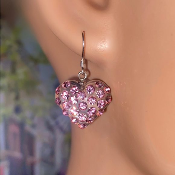 Women’s heart shape transparent acrylic earrings embellished with pink crystals - Picture 9 of 12